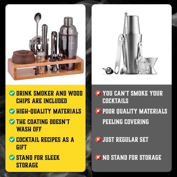Bartender Kit with Whiskey Smoker  13 pcs Bamboo Stand  Bar Set with Cocktail Shaker Bartending Kit with Essential Bar Accessory Tools Wood Chips Black - Image 5