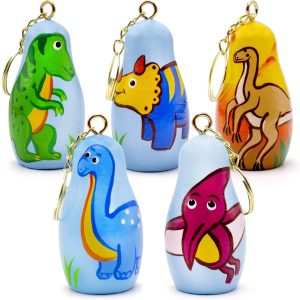 Nesting Dolls Dinosaur Keychains Set of 5 pcs   Dinosaur Gifts Keychain   Matryoshka Key Chain   Dinosaur Favors   Wooden Animal Keychains