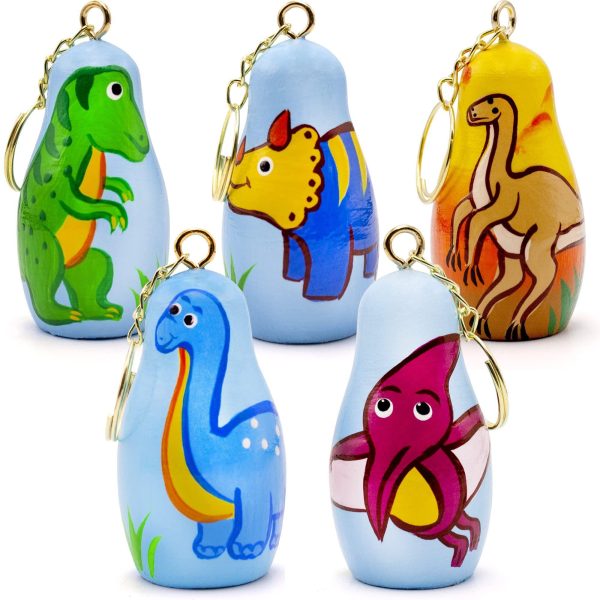 Nesting Dolls Dinosaur Keychains Set of 5 pcs   Dinosaur Gifts Keychain   Matryoshka Key Chain   Dinosaur Favors   Wooden Animal Keychains
