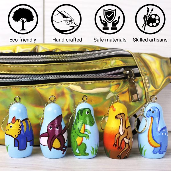 Nesting Dolls Dinosaur Keychains Set of 5 pcs   Dinosaur Gifts Keychain   Matryoshka Key Chain   Dinosaur Favors   Wooden Animal Keychains - Image 3