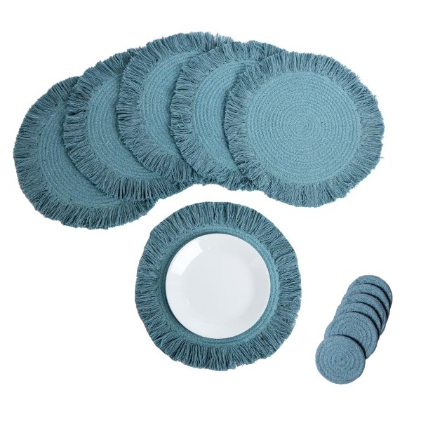 The Fine Living Co. Braided Cotton Placemats (Set of 6 15 Inches) with 6 Free Coasters Washable Anti Slip Heat Resistant Mats Boho Woven Round Table Mats for House Decor Kitchen and Dining