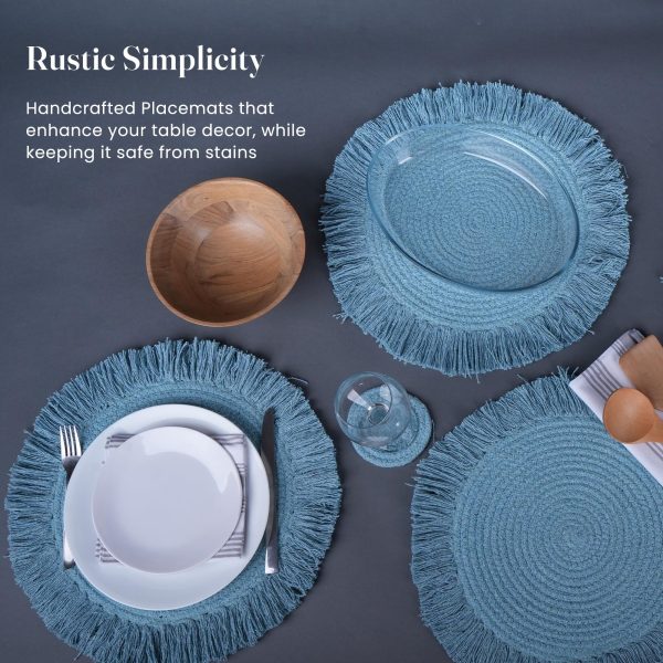 The Fine Living Co. Braided Cotton Placemats (Set of 6 15 Inches) with 6 Free Coasters Washable Anti Slip Heat Resistant Mats Boho Woven Round Table Mats for House Decor Kitchen and Dining - Image 3