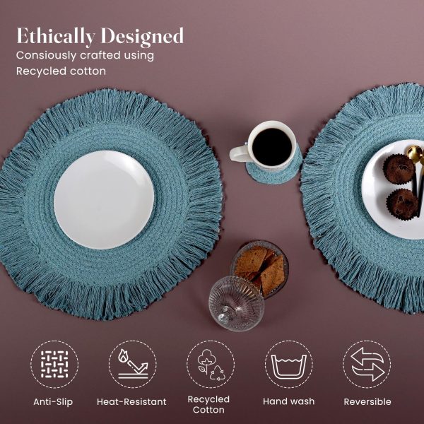 The Fine Living Co. Braided Cotton Placemats (Set of 6 15 Inches) with 6 Free Coasters Washable Anti Slip Heat Resistant Mats Boho Woven Round Table Mats for House Decor Kitchen and Dining - Image 4