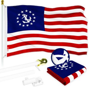 G128 Combo Pack: 5 Ft Tangle Free Aluminum Spinning Flagpole (White) & American USA Yacht Ensign Flag 2x3 Ft, ToughWeave Series Embroidered 300D Polyester | Pole with Flag Included