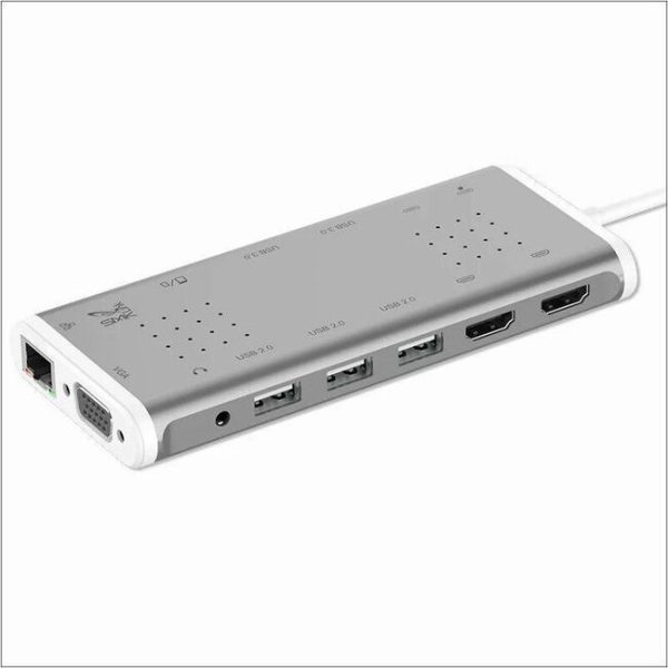 SMK-Link USB-C 100W 14-Port Mini Docking Station with Dual HDMI 4K Multi-Stream Triple Video, VGA, 12 Inch Data Cable, 5 x USB-A Ports, GbE USB-C, Audio in / out Port