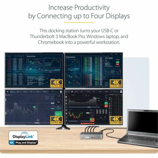 StarTech.com USB-C Dock, 4K 60Hz Quad Monitor DisplayPort & HDMI, Universal USB C Docking Station, 100W Power Delivery, USB Hub 1C/3A, GbE - Image 2
