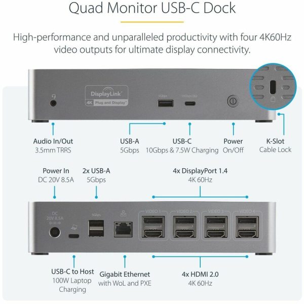 StarTech.com USB-C Dock, 4K 60Hz Quad Monitor DisplayPort & HDMI, Universal USB C Docking Station, 100W Power Delivery, USB Hub 1C/3A, GbE - Image 3