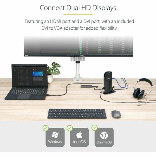 StarTech.com USB 3.0 Docking Station - Compatible with Windows / macOS - Supports Dual Displays - HDMI and DVI - DVI to VGA Adapter Included - USB3SDOCKHD - Image 2