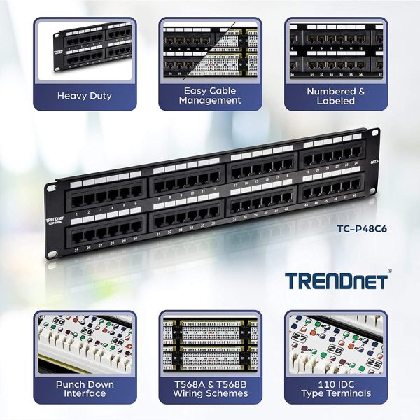 TRENDnet 48-Port Cat6 Unshielded Patch Panel, Wallmount Or Rackmount, Compatible With Cat3,4,5,5e,6 Cabling, For Ethernet, Fast Ethernet, Gigabit Applications, Black, TC-P48C6 - Image 2