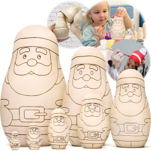 AEVVV Unfinished Christmas Nesting Dolls Blank Set 7 pcs   Christmas Crafts to Paint Your Own Matryoshka Santa Claus   Blank Russian Nesting Dolls Unpainted
