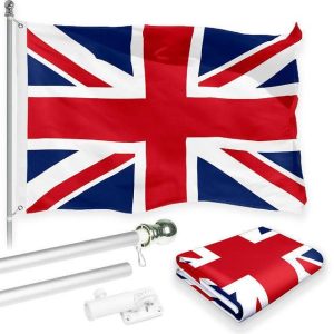 G128 Combo Pack: 6 Feet Tangle Free Spinning Flagpole (Silver) UK United Kingdom Flag 3x5 ft Printed 150D Brass Grommets (Flag Included) Aluminum Flag Pole