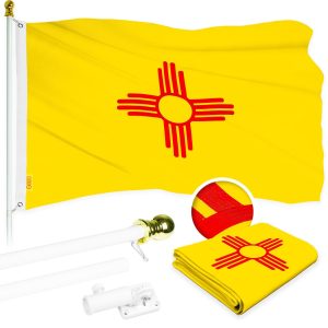 G128 Combo Pack: 5 Ft Tangle Free Aluminum Spinning Flagpole (White) & New Mexico NM State Flag 2.5x4 Ft, ToughWeave Series Embroidered 300D Polyester | Pole with Flag Included
