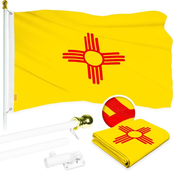 G128 Combo Pack: 5 Ft Tangle Free Aluminum Spinning Flagpole (White) & New Mexico NM State Flag 2.5x4 Ft, ToughWeave Series Embroidered 300D Polyester | Pole with Flag Included