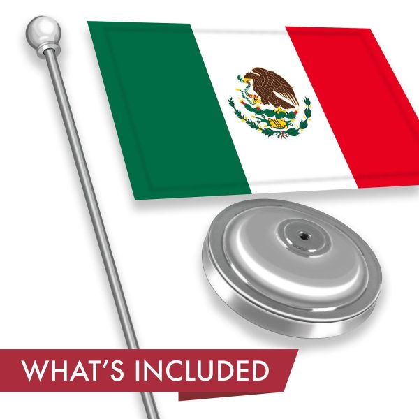 G128 Mexico Mexican Deluxe Desk Flag Set | 8.5x5.5 In | Printed 300D Polyester, with Silver Dome and Base, 15" Metal Pole, Decorations For Office, Home and Festival Events Celebration - Image 2