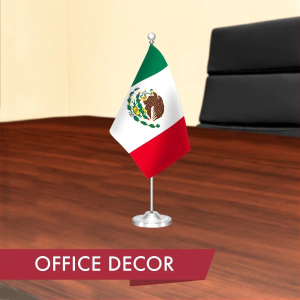 G128 Mexico Mexican Deluxe Desk Flag Set | 8.5x5.5 In | Printed 300D Polyester, with Silver Dome and Base, 15" Metal Pole, Decorations For Office, Home and Festival Events Celebration - Image 4