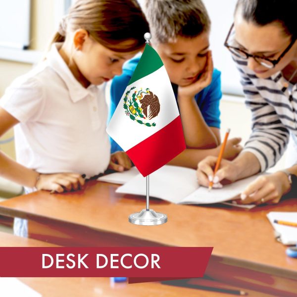G128 Mexico Mexican Deluxe Desk Flag Set | 8.5x5.5 In | Printed 300D Polyester, with Silver Dome and Base, 15" Metal Pole, Decorations For Office, Home and Festival Events Celebration - Image 5