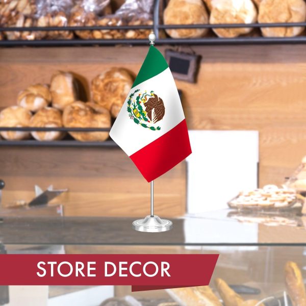 G128 Mexico Mexican Deluxe Desk Flag Set | 8.5x5.5 In | Printed 300D Polyester, with Silver Dome and Base, 15" Metal Pole, Decorations For Office, Home and Festival Events Celebration - Image 6