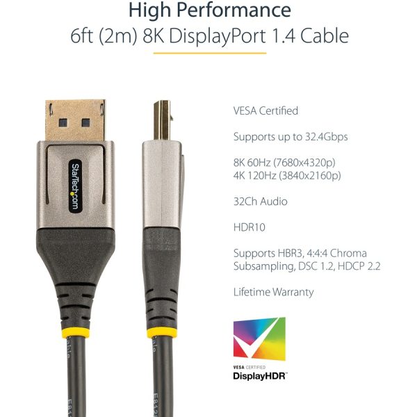 StarTech.com 6ft (2m) VESA Certified DisplayPort 1.4 Cable, 8K 60Hz HDR10, UHD 4K 120Hz Video, DP to DP Monitor Cord, DP 1.4 Cable, M/M - Image 3