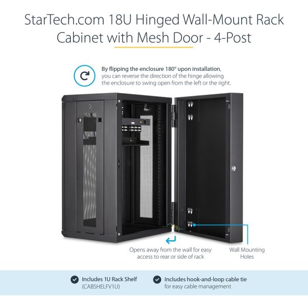 StarTech.com 4-Post 18U Wall Mount Network Cabinet, 19" Hinged Wall-Mounted Server Rack for Data / IT Equipment, Lockable Rack Enclosure - Image 3
