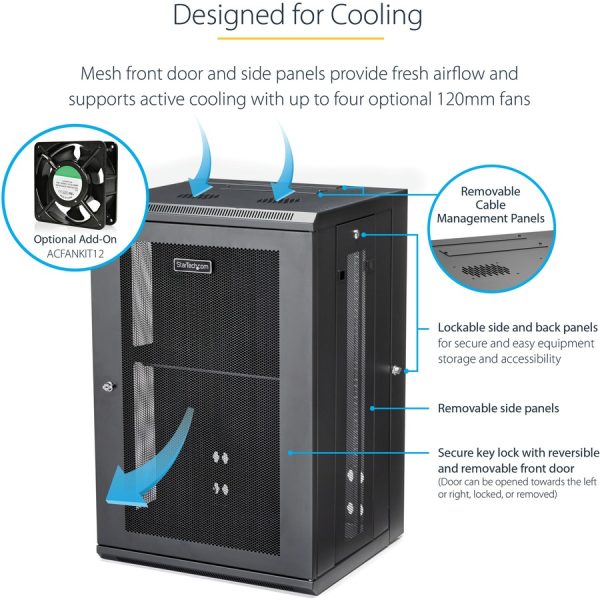 StarTech.com 4-Post 18U Wall Mount Network Cabinet, 19" Hinged Wall-Mounted Server Rack for Data / IT Equipment, Lockable Rack Enclosure - Image 4