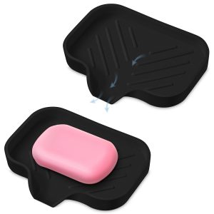 2 Pcs Black Silicone Self Draining Rectangular Soap Dishes Waterfall Soap Trays Soap Dishes for Bar Soap Soap Boxes Soap Case Soap Container Soap Pads Kitchen Sink Shower Bathroom.