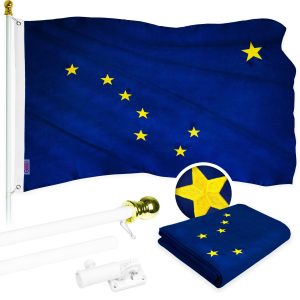 G128 Combo Pack: 5 Ft Tangle Free Aluminum Spinning Flagpole (White) & Alaska AK State Flag 2x3 Ft, ToughWeave Series Embroidered 300D Polyester | Pole with Flag Included