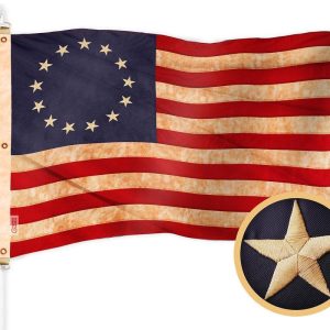 G128 Betsy Ross Tea-Stained Flag | 5x8 Ft | Embroidered 420D Polyester - Embroidered Stars, Sewn Stripes, Brass Grommets, Indoor/Outdoor, Vibrant Colors, Quality Polyester