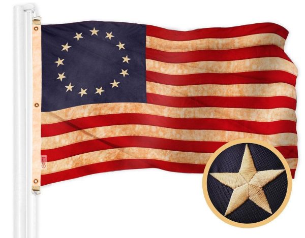 G128 Betsy Ross Tea-Stained Flag | 5x8 Ft | Embroidered 420D Polyester - Embroidered Stars, Sewn Stripes, Brass Grommets, Indoor/Outdoor, Vibrant Colors, Quality Polyester