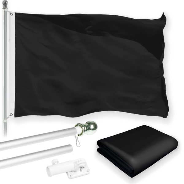 G128 Combo Pack: 5 Ft Tangle Free Aluminum Spinning Flagpole (Silver) & Solid Black Color Flag 2.5x4 Ft, LiteWeave Pro Series Printed 150D Polyester | Pole with Flag Included