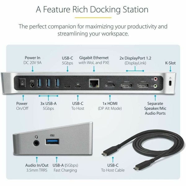 StarTech.com USB C Dock - Compatible with Windows / macOS - Supports Triple 4K Ultra HD Monitors - 60W Power Delivery - Power and Charge Laptop and Peripherals - DK30CH2DPPD - Image 2