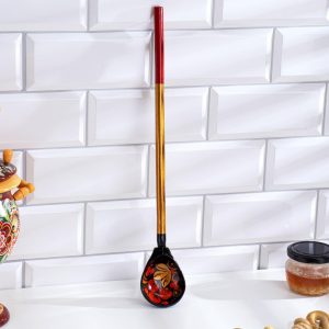 Hand Painted Pickle Spoon Khokhloma Design Multicolor 16.1 Inch Traditional Russian Kitchen Utensil Ложка деревянная в стиле хохломы
