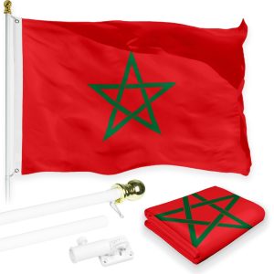 G128 Combo Pack: 6 Feet Tangle Free Spinning Flagpole (White) Morocco Moroccan Flag 3x5 ft Printed 150D Brass Grommets (Flag Included) Aluminum Flag Pole