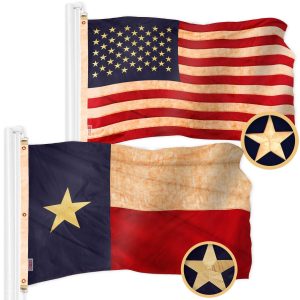 G128 Combo Pack: American USA Tea-Stained Flag 5x8 Ft & Texas Tea-Stained Flag 5x8 Ft | Both ToughWeave Pro Series Embroidered 420D Polyester, Embroidered Design, Indoor/Outdoor, Brass Grommets