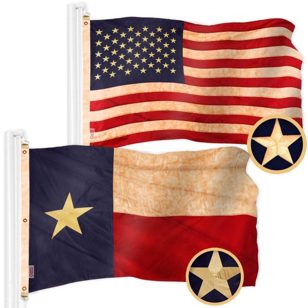G128 Combo Pack: American USA Tea-Stained Flag 5x8 Ft & Texas Tea-Stained Flag 5x8 Ft | Both ToughWeave Pro Series Embroidered 420D Polyester, Embroidered Design, Indoor/Outdoor, Brass Grommets