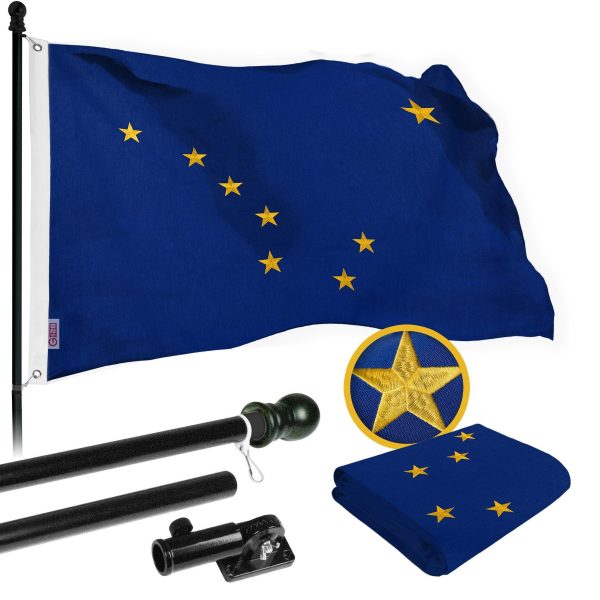 G128 Combo Pack: 5 Ft Tangle Free Spinning Flagpole (Black) & Alaska Flag 2.5x4 Ft Embroidered 220GSM Spun Polyester, Brass Grommets (Flag Included) Aluminum Flag Pole