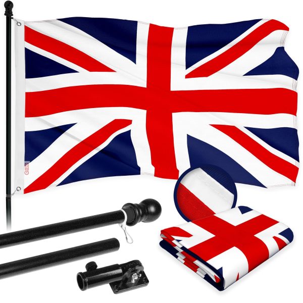 G128 Combo Pack: 6 Ft Tangle Free Aluminum Spinning Flagpole (Black) & United Kingdom UK Flag 3x5 Ft, ToughWeave Series Embroidered 300D Polyester | Pole with Flag Included
