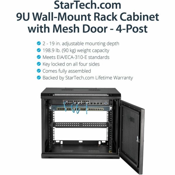 StarTech.com 4-Post 9U Wall Mount Network Cabinet, 19" Wall-Mounted Server Rack for Data / Computer Equipment, Small IT Rack Enclosure - Image 2