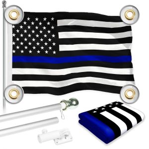 G128 Combo Pack: 6 Ft Tangle Free Aluminum Spinning Flagpole (Silver) & Thin Blue Line Flag 3x5 Ft, LiteWeave Pro Series Printed 150D Polyester, 4 Corner Brass Grommets | Pole with Flag Included