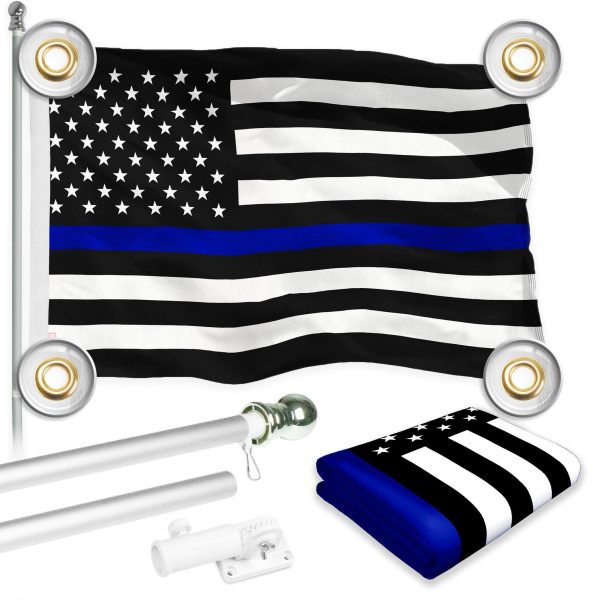 G128 Combo Pack: 6 Ft Tangle Free Aluminum Spinning Flagpole (Silver) & Thin Blue Line Flag 3x5 Ft, LiteWeave Pro Series Printed 150D Polyester, 4 Corner Brass Grommets | Pole with Flag Included