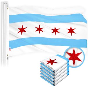 G128 Chicago Flag 2.5x4 Ft 5-Pack Embroidered 300D Embroidered Stars, Sewn Stripes, Brass Grommets, Indoor/Outdoor, Vibrant Colors, Quality Polyester
