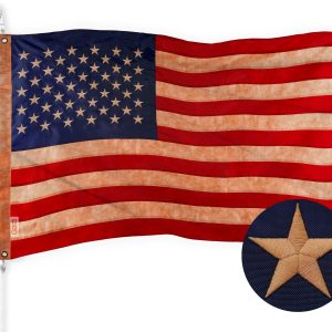 G128 American USA Tea-Stained Flag | 3x5 Ft | ToughWeave Pro Series Embroidered 420D Polyester | Embroidered Stars