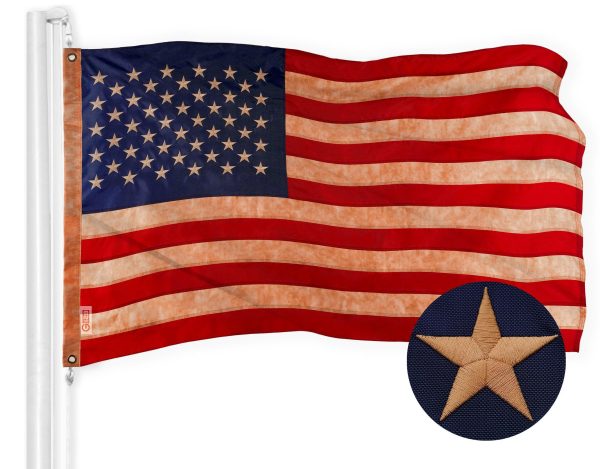 G128 American USA Tea-Stained Flag | 3x5 Ft | ToughWeave Pro Series Embroidered 420D Polyester | Embroidered Stars