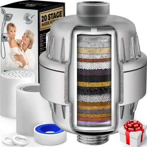 20 Stage Shower Filter with Vitamin C E for Hard Water   High Output Shower Water Filter to Remove Chlorine and Fluoride   2 Cartridges Included  Consistent Water Flow Showerhead Filter