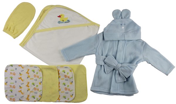 Blue Infant Robe, Yellow Hooded Towel, Washcloths And Hand Washcloth Mitt - 7 Pc Set  Cs_0013