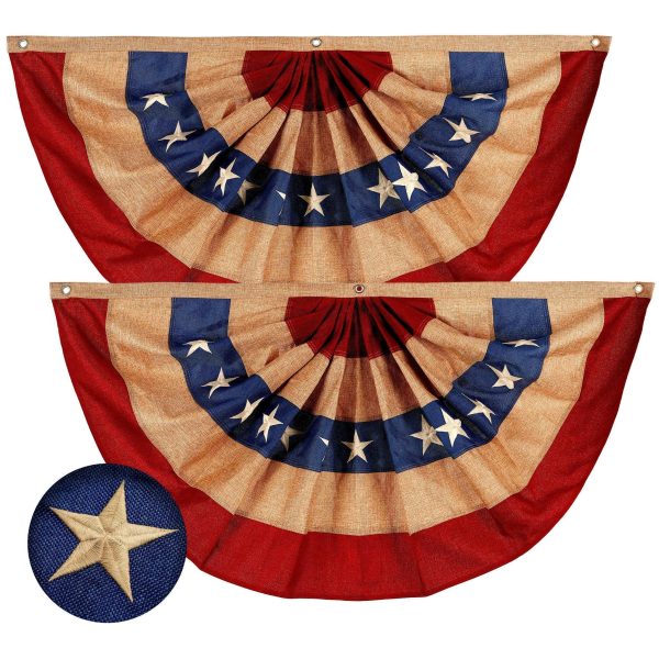 G128 - 2 Pack: USA Tea Stained Pleated Fan Flag 3x6FT Burlap Embroidered Polyester Stars and Stripes