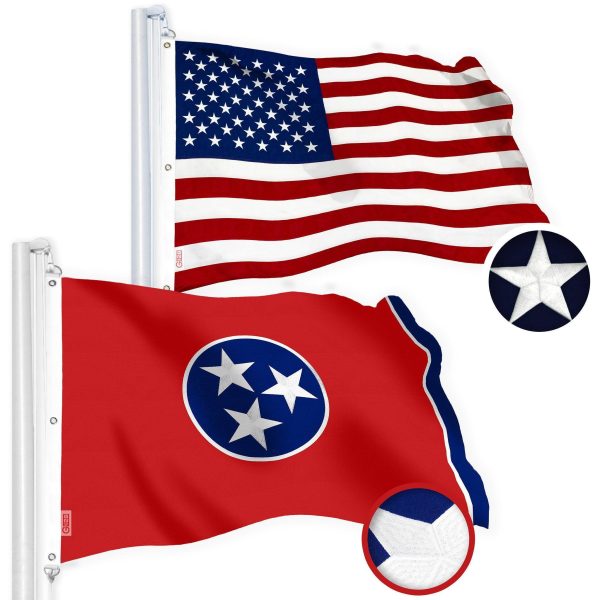G128 Combo Pack: American USA Flag 5x8 Ft & Tennessee Flag 5x8 Ft, Both Embroidered SPUN Polyester, Indoor/Outdoor, Brass Grommets