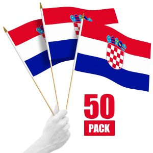 G128 50 Pack Handheld Croatia Croatian Stick Flags | 12x18 In | Printed 150D Polyester, Country Flag, Solid Wooden Stick, Spear Gold Tip