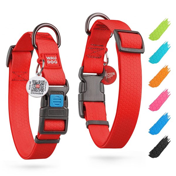 WAUDOG Waterproof Dog Collar   Adjustable Dog Collar for Large Dogs Small and Medium Dogs   Breakaway Dog Collar Waterproof with Plastic Buckle and QR Dog Tag   Boy & Girl Dog Collars (Red)