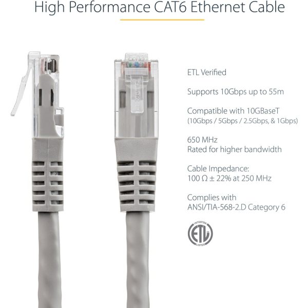 StarTech.com 3ft CAT6 Ethernet Cable - Gray Molded Gigabit - 100W PoE UTP 650MHz - Category 6 Patch Cord UL Certified Wiring/TIA - Image 3