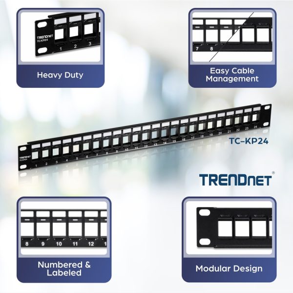 TRENDnet 24-Port Blank Keystone 1U Patch Panel, 1U 19" Metal Rackmount Housing, Recommended With TC-K25C6 & TC-K50C6 Cat6 Keystone Jacks (Sold Separately), Black, TC-KP24 - Image 5